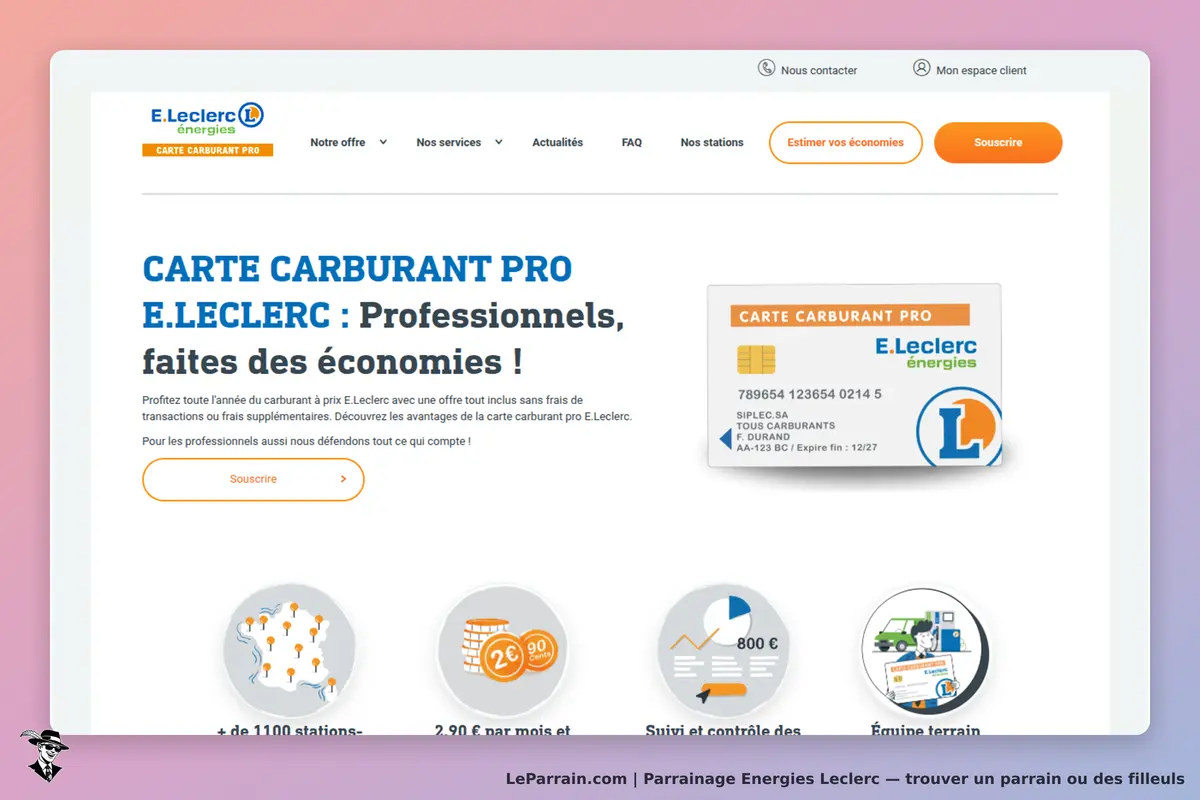 Energies Leclerc : e.Leclerc : page d'accueil présentant la carte carburant pro et ses avantages