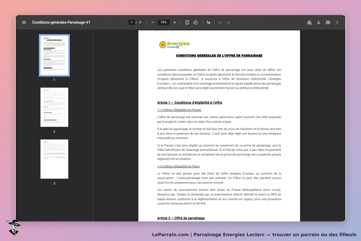 Energies Leclerc : conditions générales de l'offre de parrainage affichées sur un document
