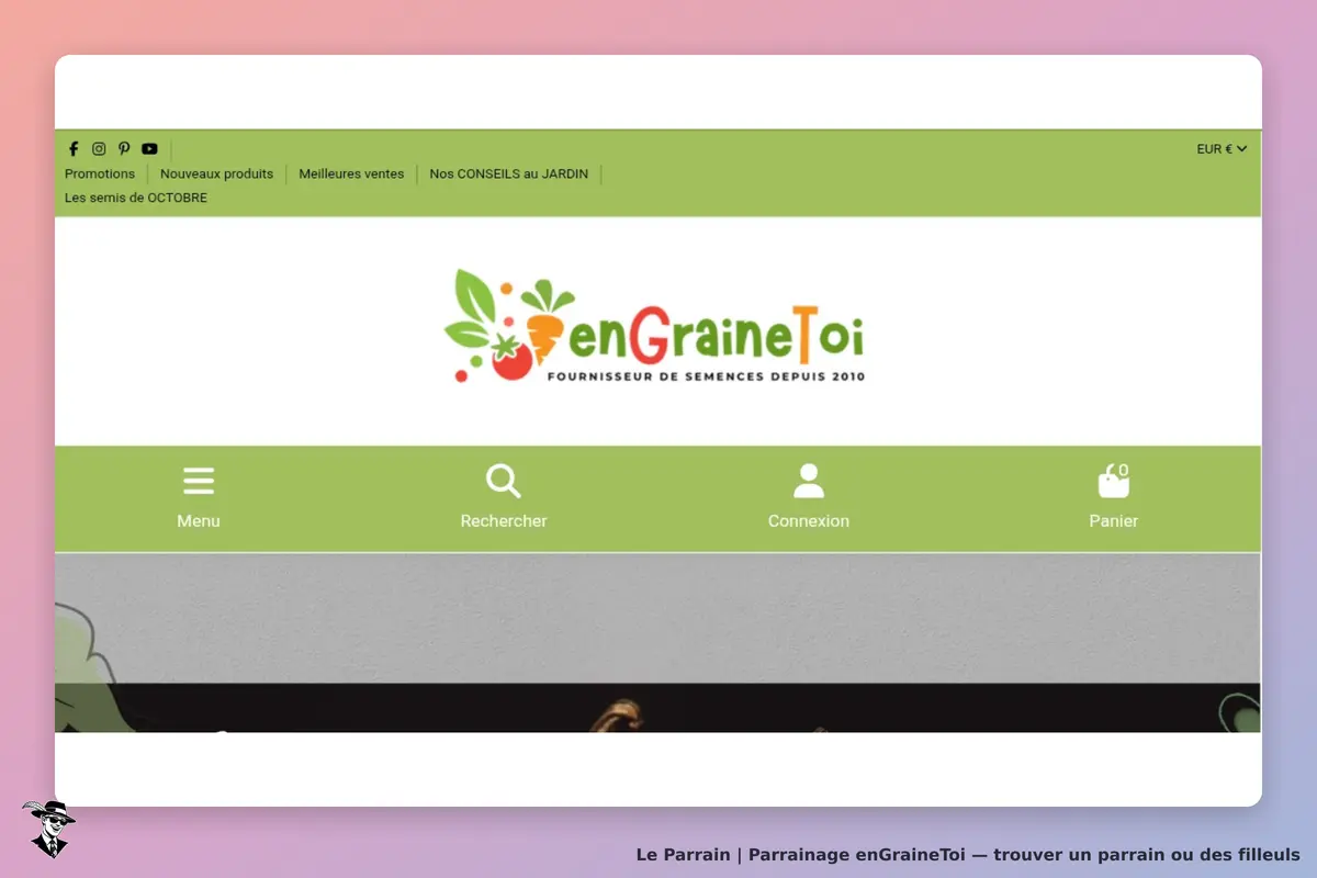 enGraineToi : page d'accueil avec le logo et les options de menu en haut de l'écran