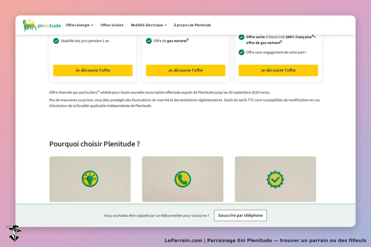 Eni Plenitude : page d'accueil avec offres d'énergie et options de contact en bas de page