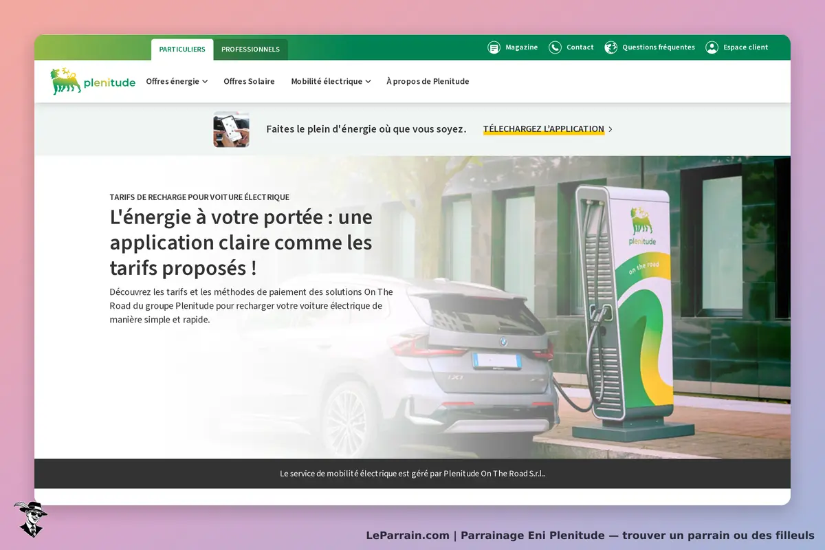 Eni Plenitude : page d'accueil avec une borne de recharge pour voiture électrique et un véhicule