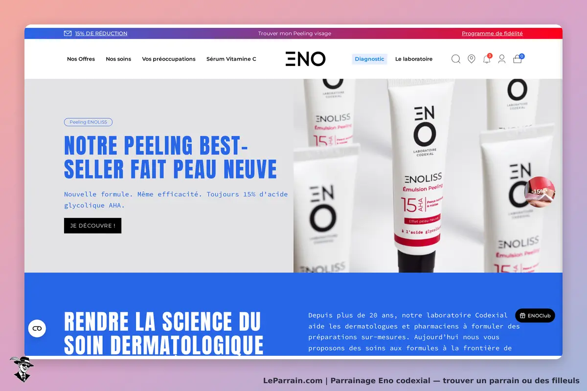 Eno codexial : eNO : page d'accueil avec des tubes de peeling et du texte sur le produit et le