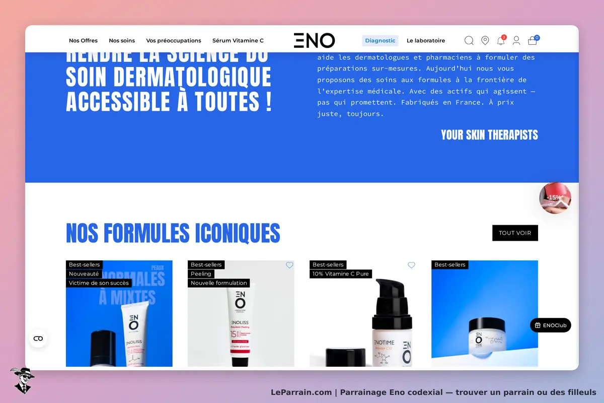 Eno codexial : eno : page d'accueil présentant des produits de soins dermatologiques et un message