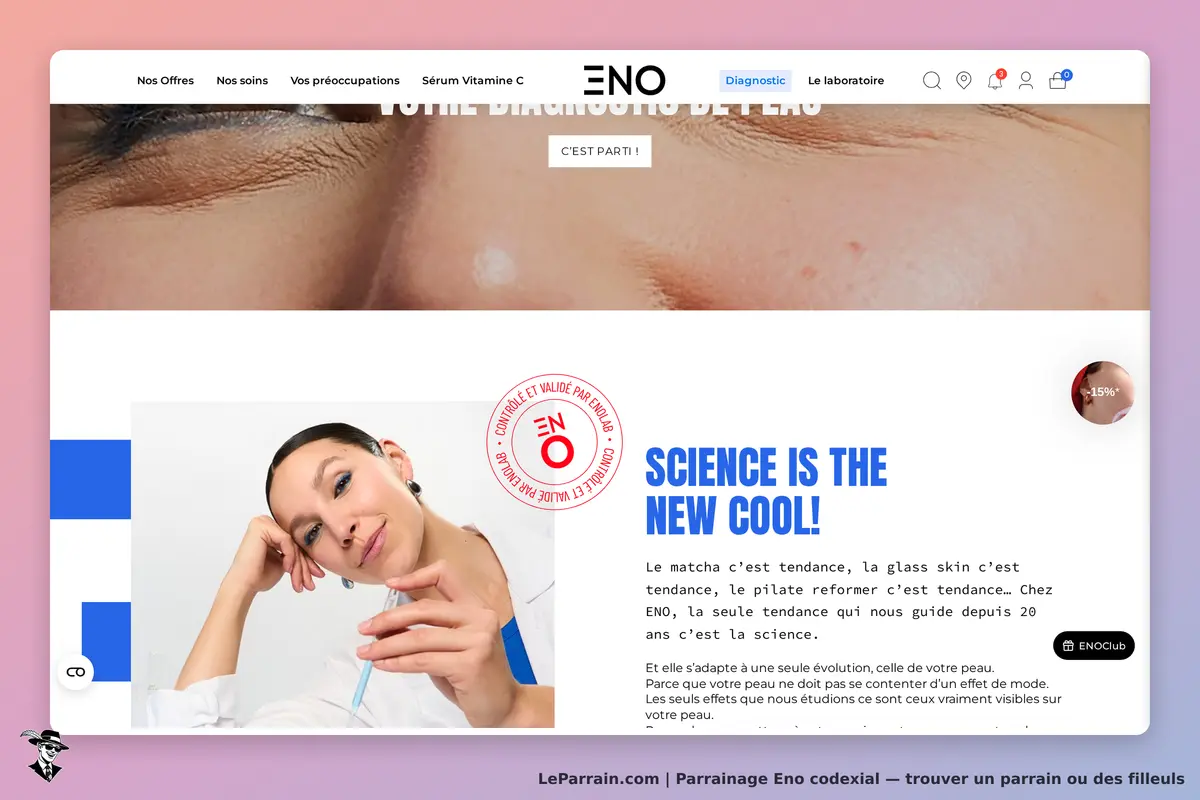 Eno codexial : eno : page d'accueil présentant un diagnostic de peau et une femme en blouse blanche