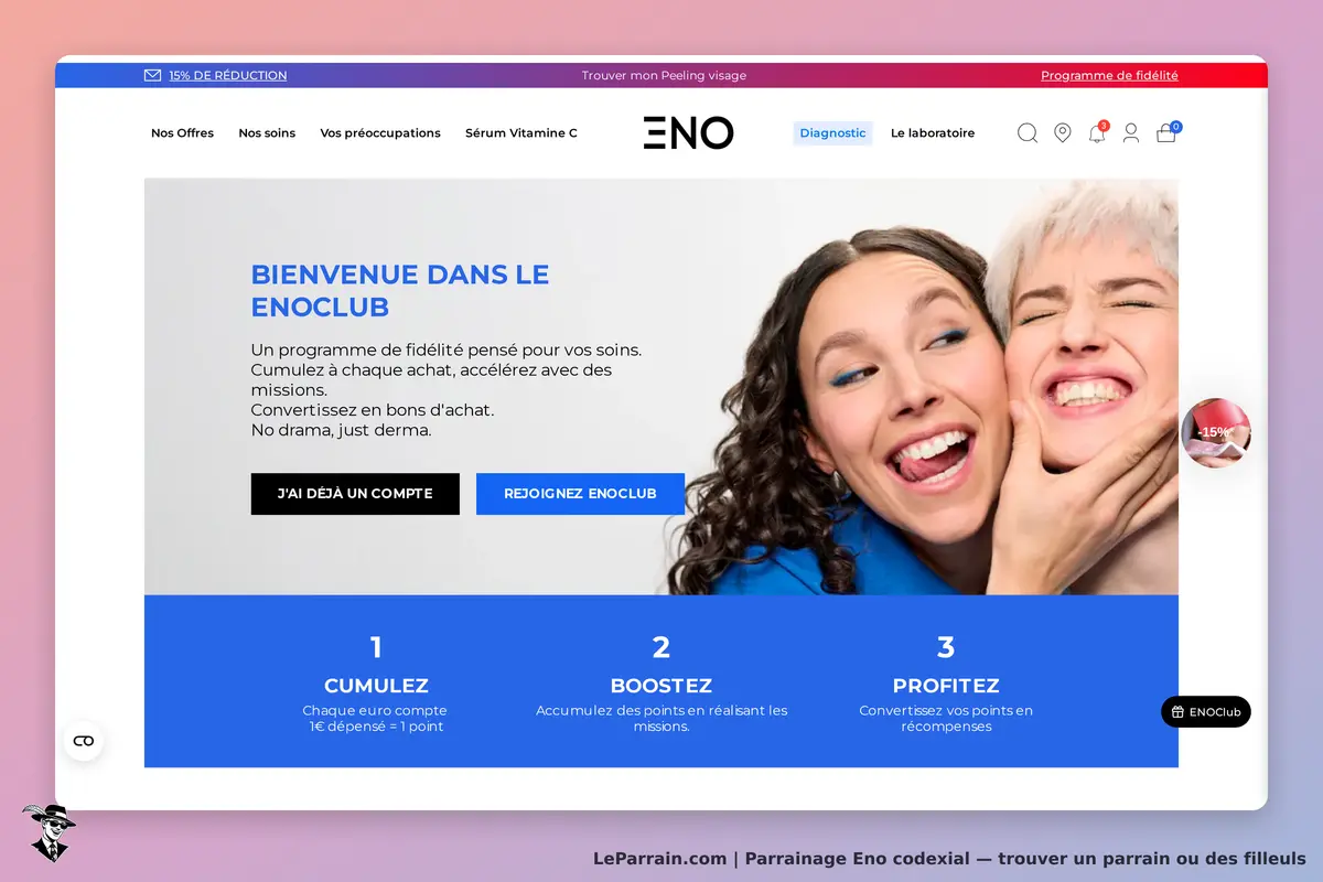 Eno codexial : eNO : page d'accueil présentant le programme de fidélité avec deux femmes souriantes