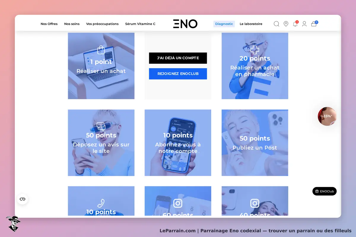 Eno codexial : eno : présentation des actions et points à gagner sur la page d'accueil du site