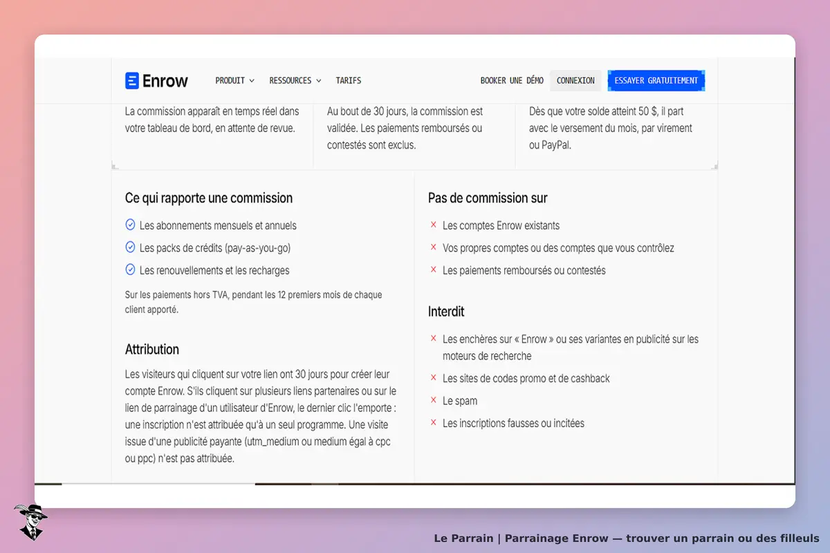 Enrow : page d'accueil avec informations sur les commissions et conditions de parrainage
