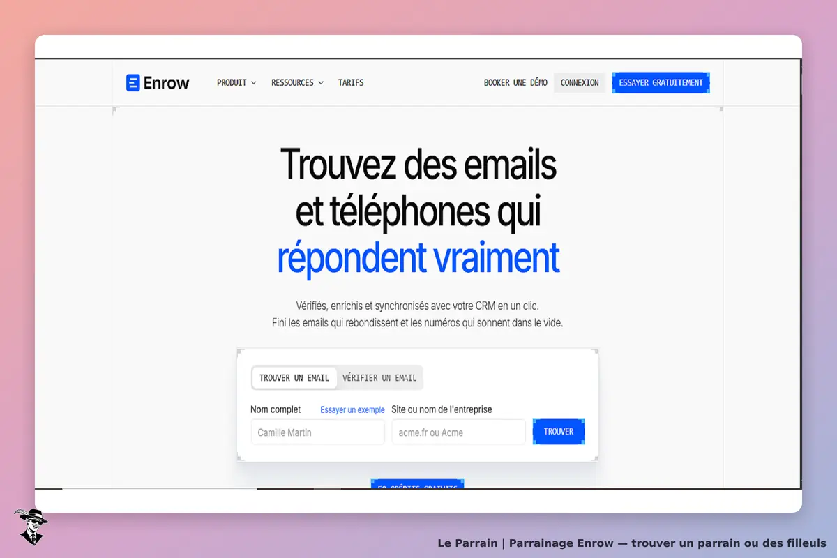 Enrow : page d'accueil avec formulaire pour trouver des emails et téléphones