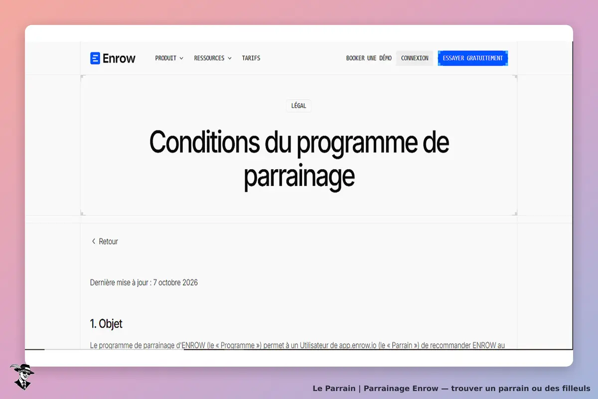Enrow : conditions du programme de parrainage affichées sur une page légale