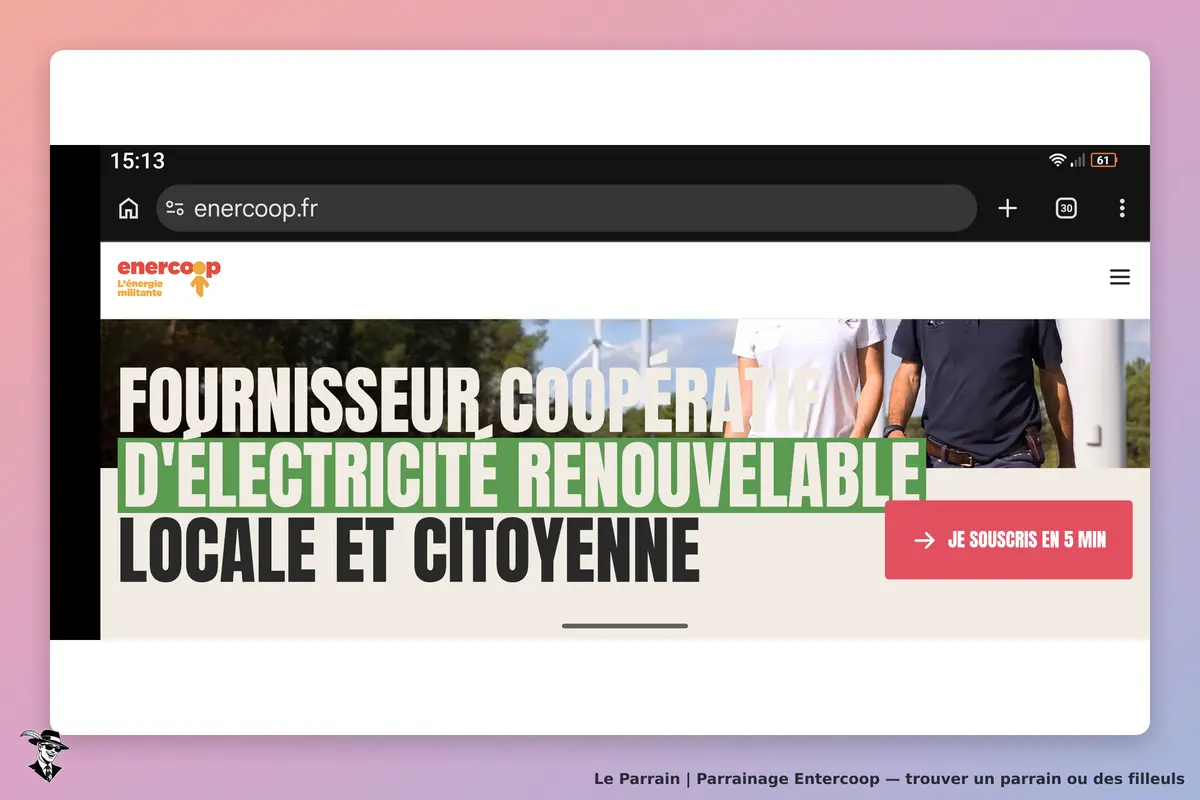 Entercoop : page d'accueil présentant l'électricité renouvelable avec un bouton d'inscription