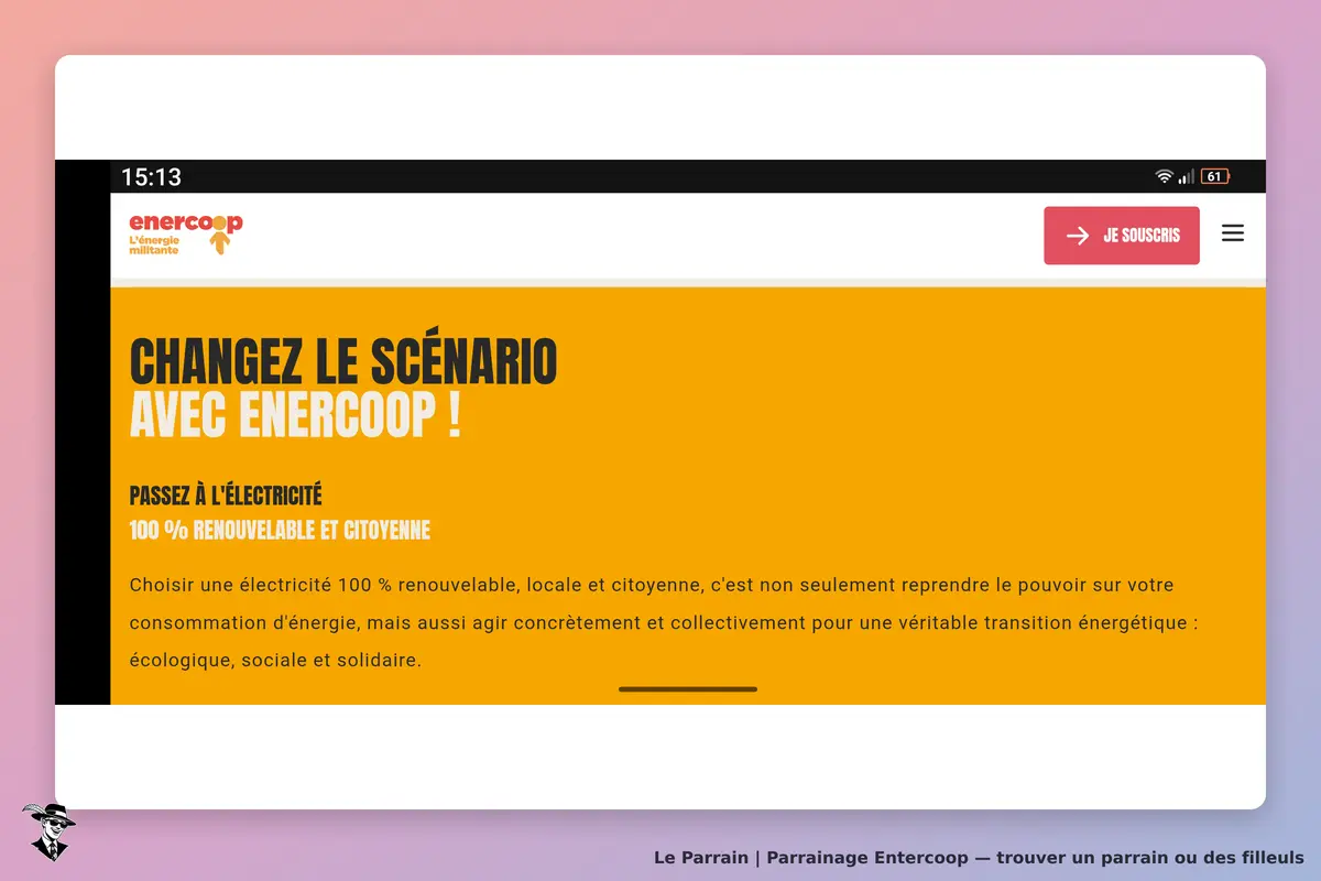 Entercoop : page d'accueil avec un message sur l'électricité renouvelable et citoyenne