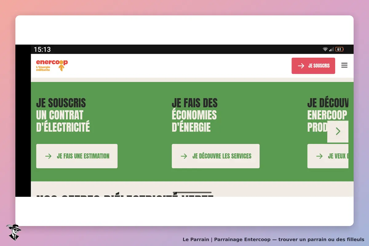 Entercoop : page d'accueil avec options pour souscrire un contrat d'électricité et économiser