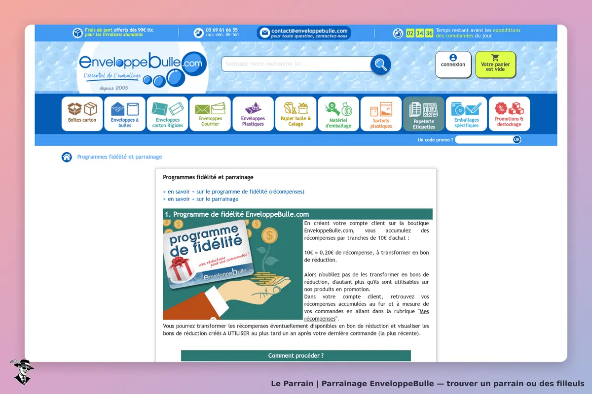 EnveloppeBulle : page d'accueil avec informations sur le programme de fidélité et parrainage