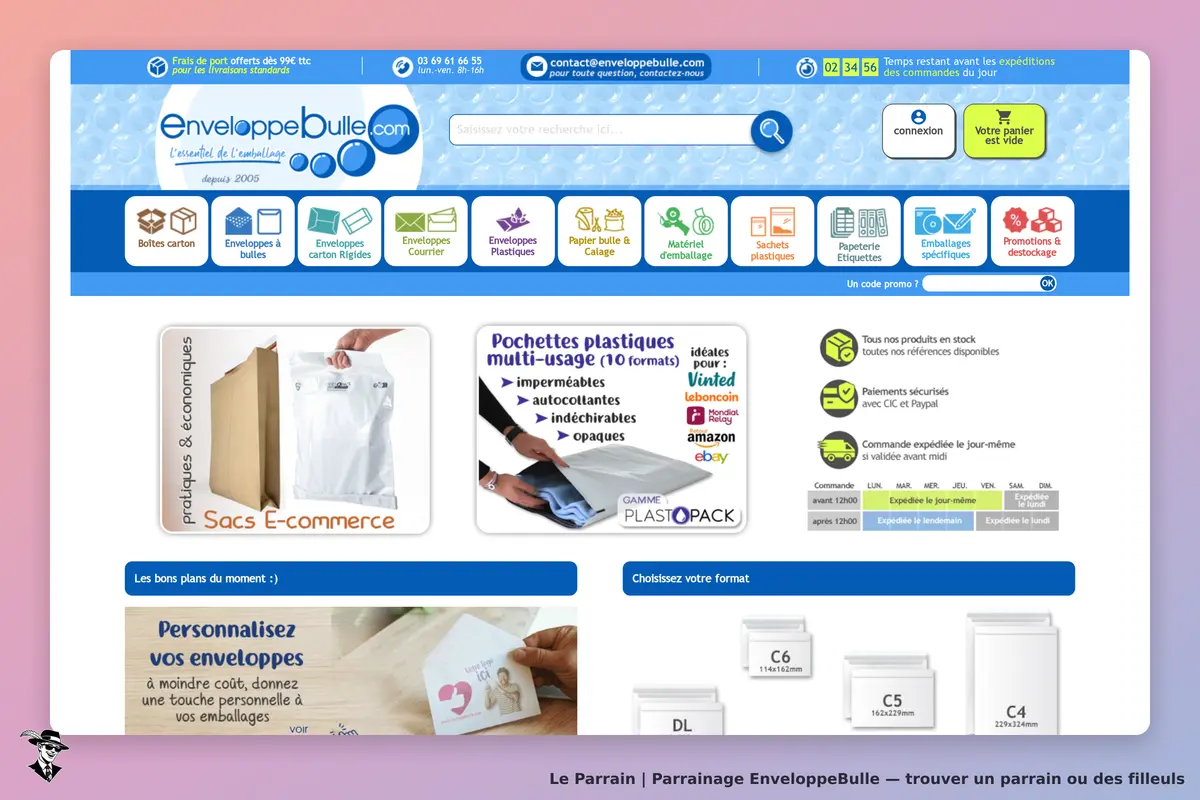 EnveloppeBulle : page d'accueil avec produits d'emballage et options de personnalisation