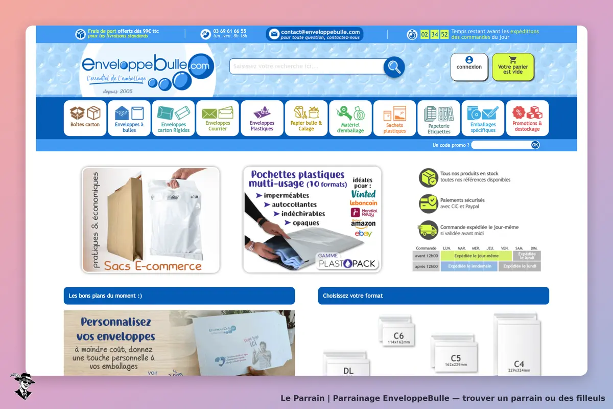 EnveloppeBulle : page d'accueil avec produits d'emballage et options de personnalisation