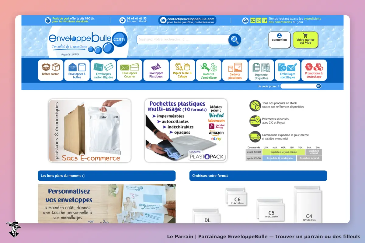 EnveloppeBulle : page d'accueil présentant divers produits d'emballage et options de