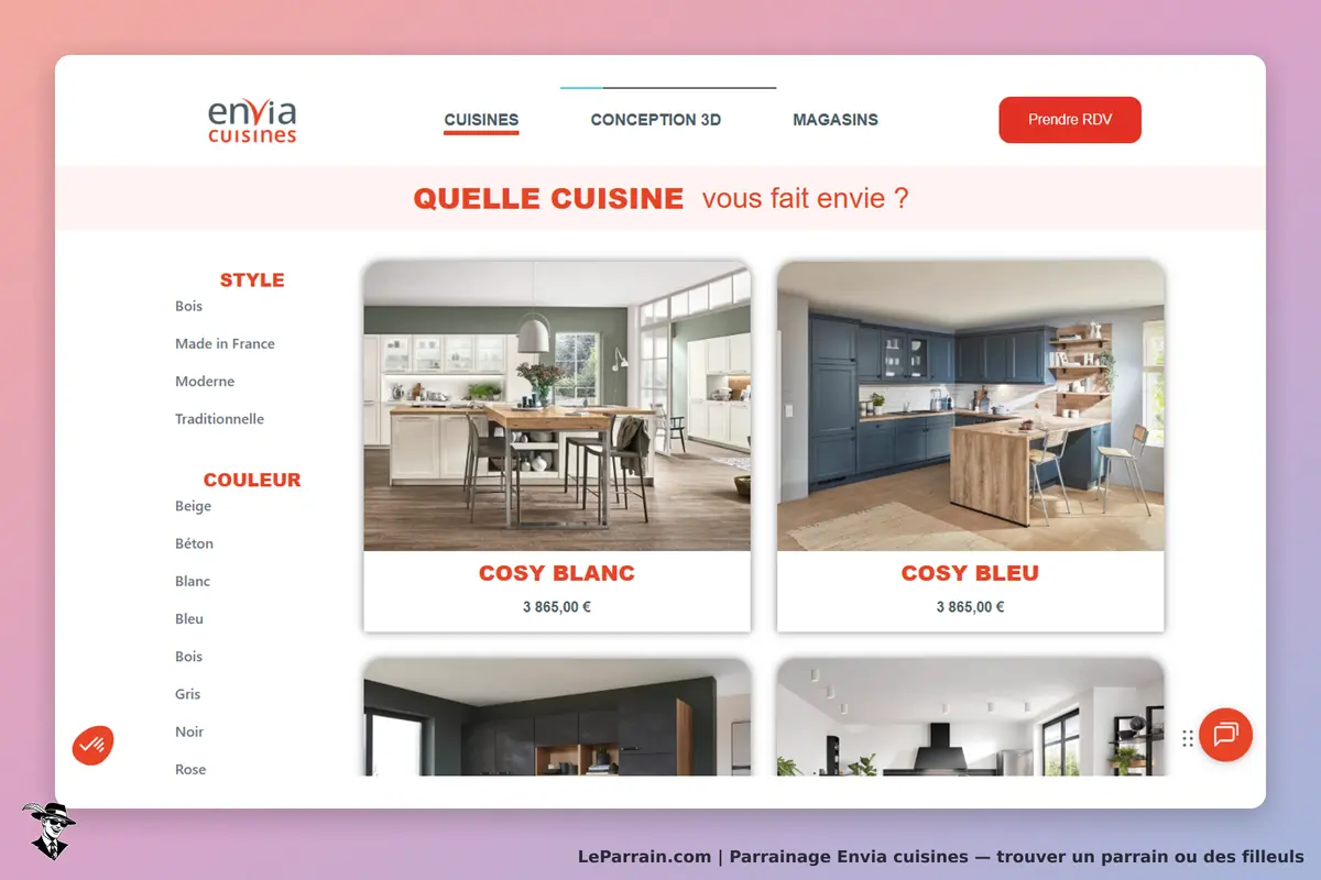 Envia cuisines : page d'accueil avec styles et couleurs de cuisines affichées