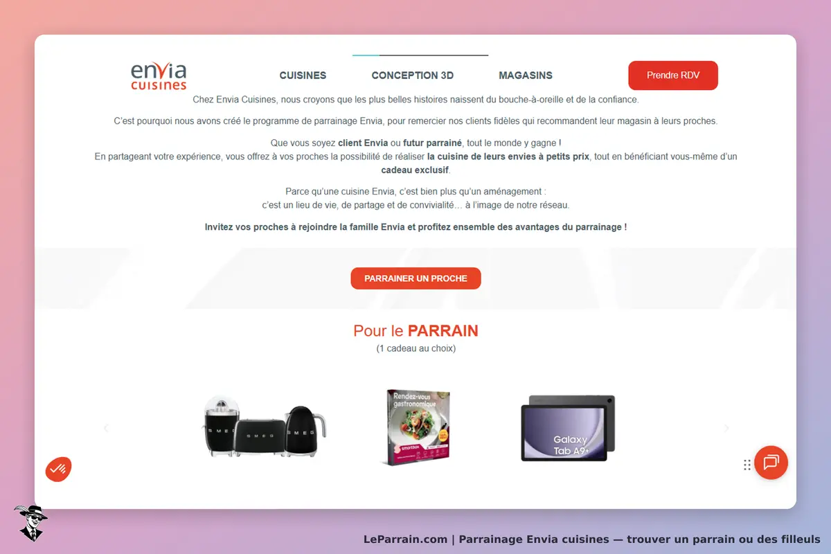 Envia cuisines : page d'accueil présentant le programme de parrainage et des produits affichés
