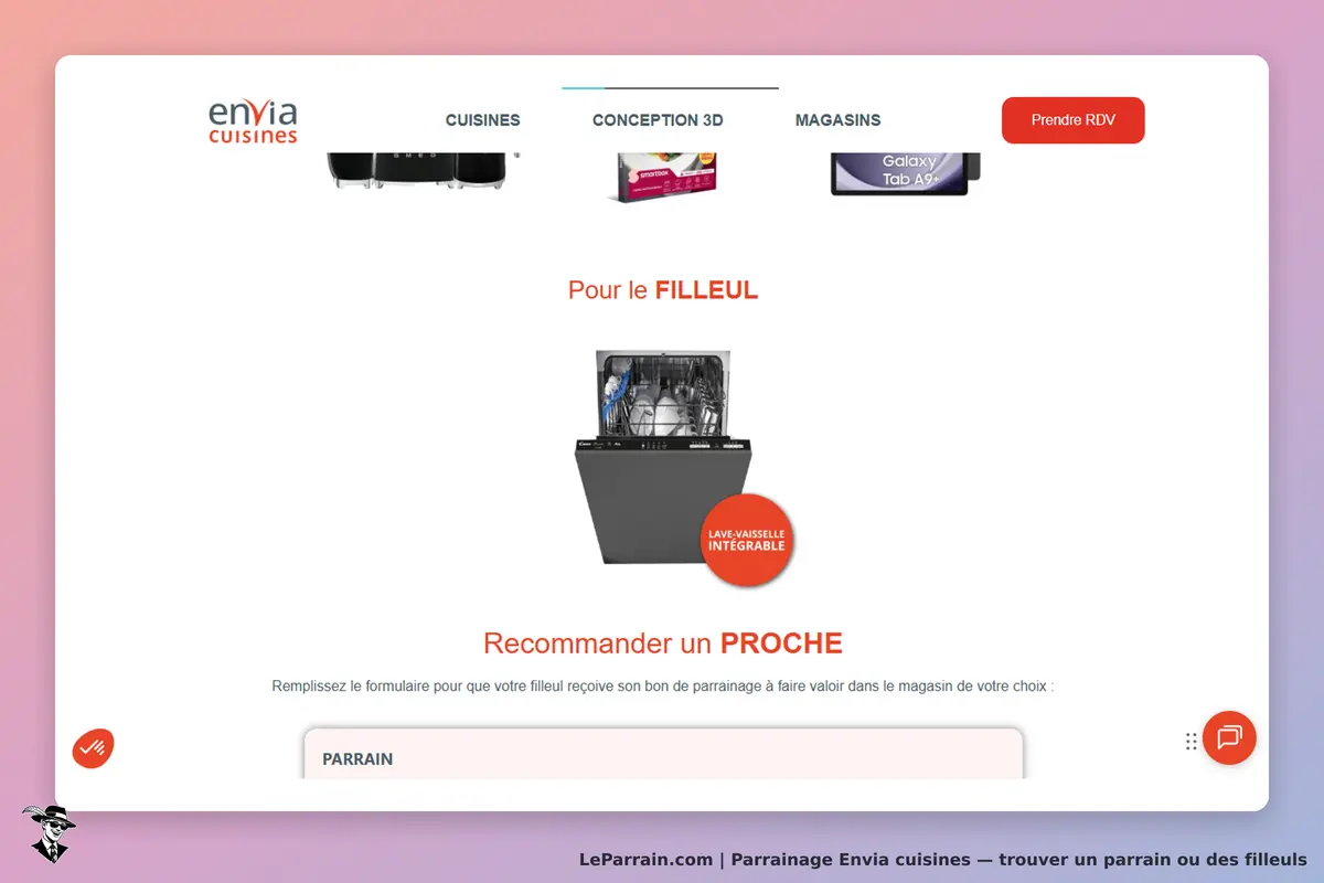 Envia cuisines : page d'accueil avec lave-vaisselle intégrable et formulaire de parrainage