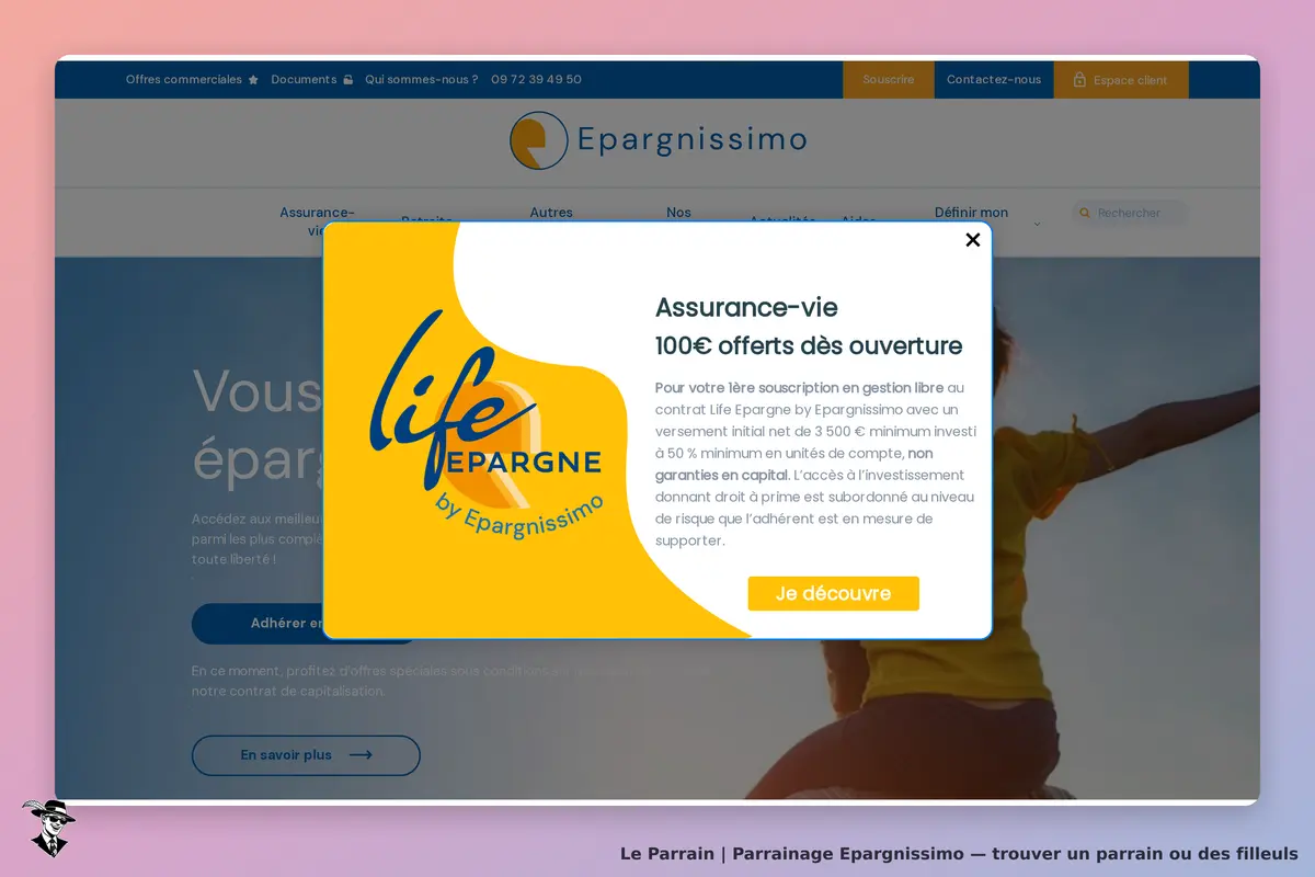 Epargnissimo : page d'accueil avec une fenêtre pop-up sur l'assurance-vie et un bouton d'action