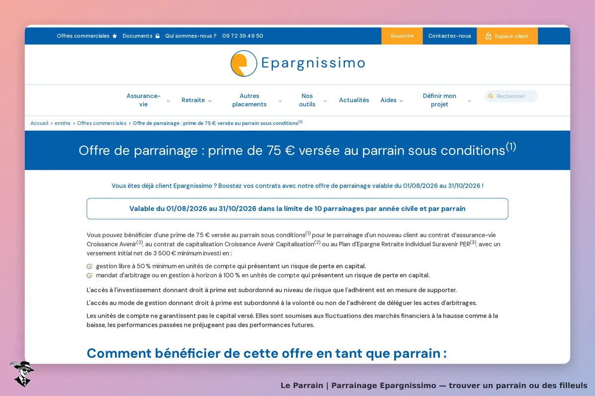 Epargnissimo : page d'accueil avec offre de parrainage et conditions affichées