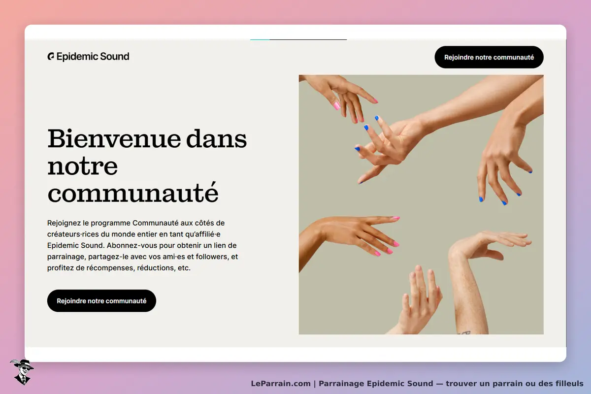 Epidemic Sound : page d'accueil avec des mains colorées et un message de bienvenue à la communauté