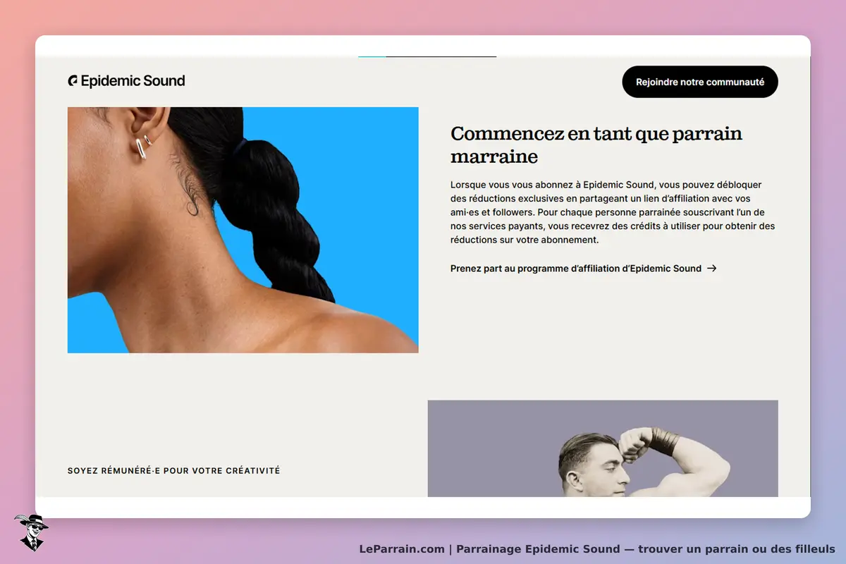 Epidemic Sound : page d'accueil avec texte sur le parrainage et images de personnes