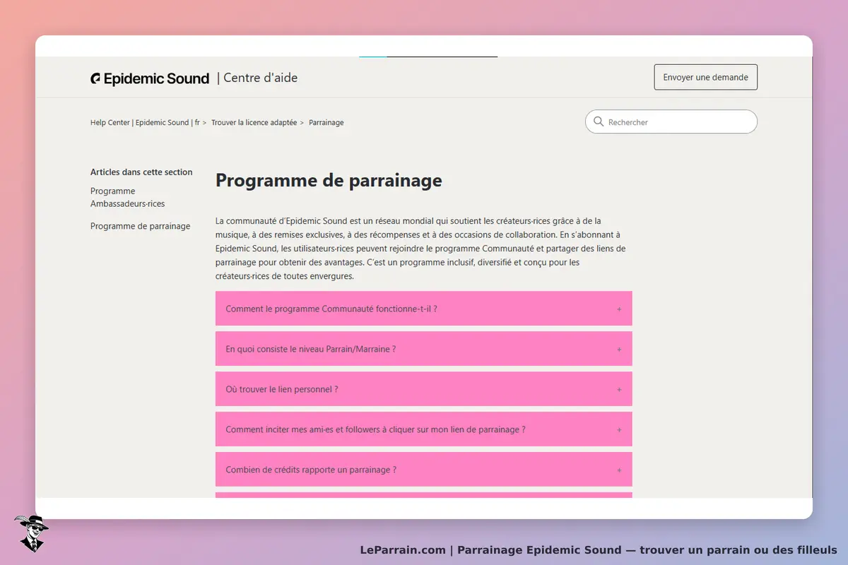 Epidemic Sound : page du centre d'aide sur le programme de parrainage avec questions fréquentes