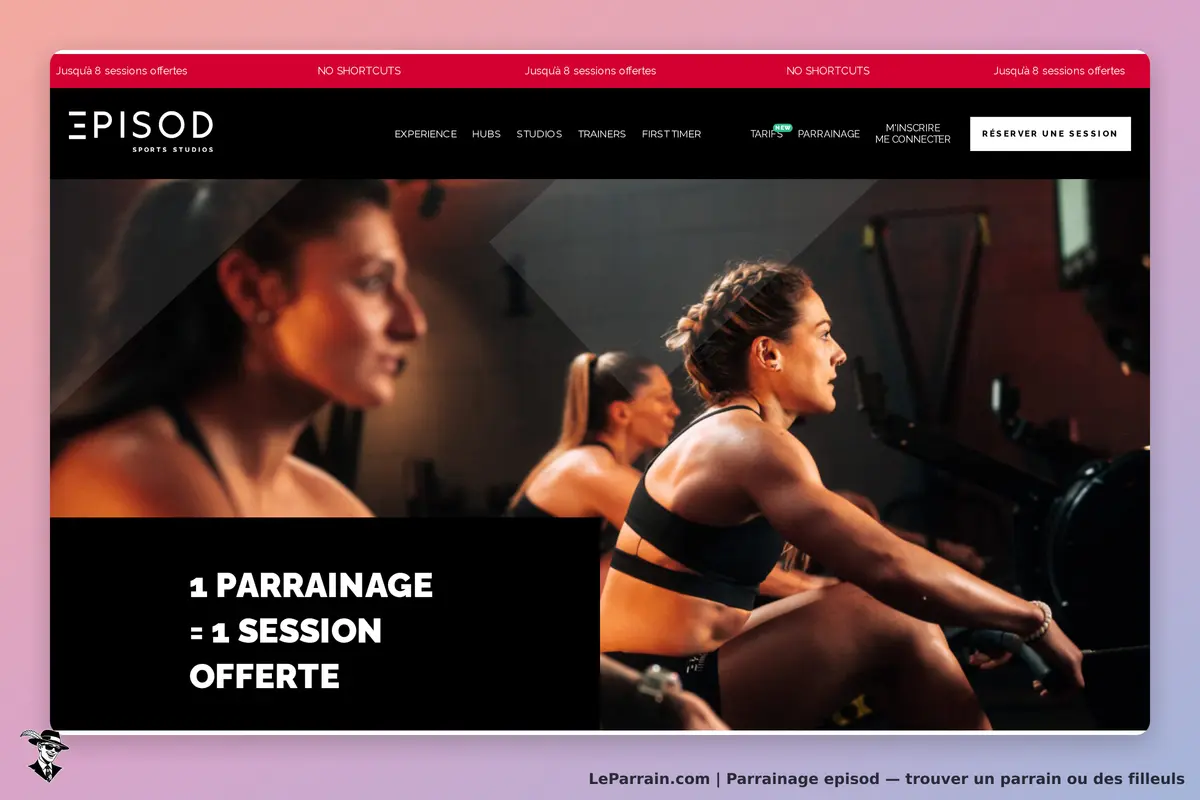 EPISOD : trois femmes s'entraînent dans une salle de sport, avec un texte sur le parrainage