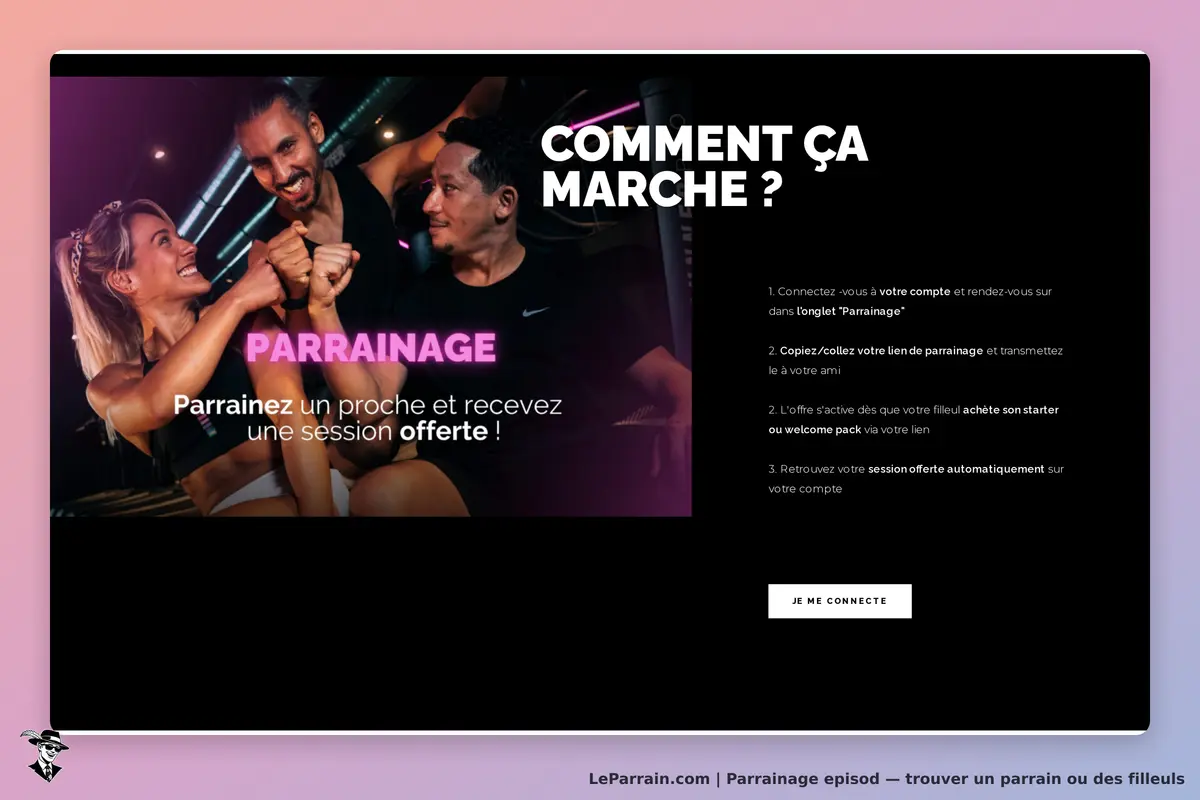 episod : page de parrainage avec des instructions et des images de personnes souriantes