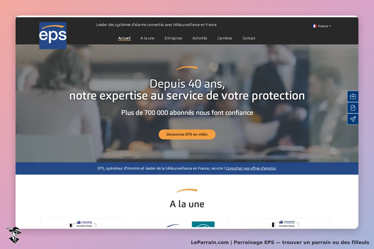 eps : page d'accueil avec un message sur l'expertise et des informations sur l'entreprise