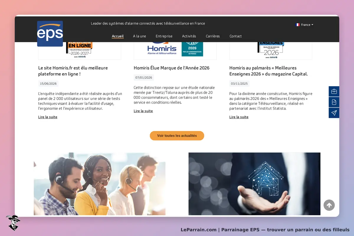 eps : page d'accueil avec actualités et images de services de télésurveillance