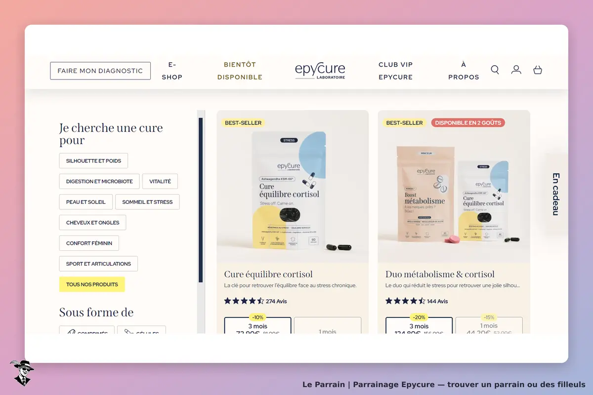 Epycure : page d'accueil avec produits de santé et options de recherche de cures