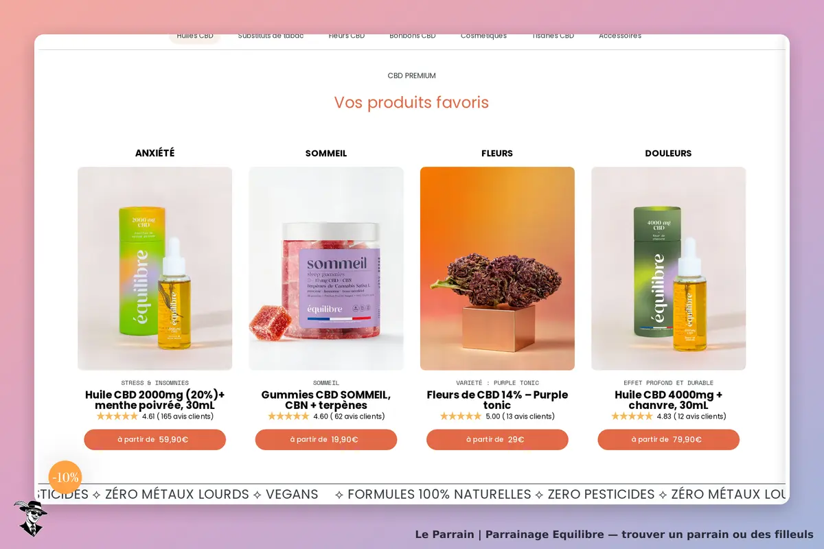 Equilibre : page d'accueil affichant des produits CBD favoris avec images et descriptions
