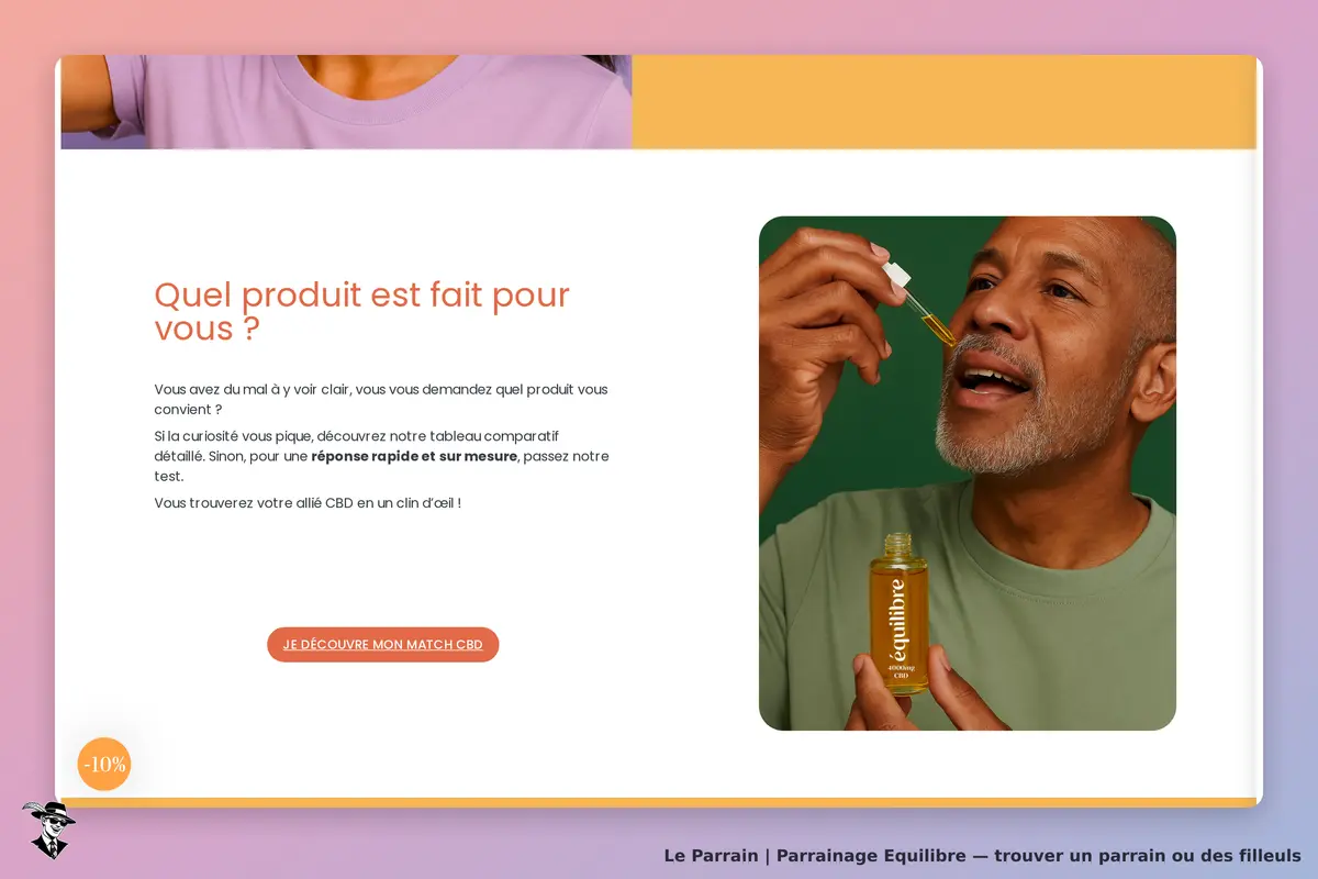 Equilibre : page d'accueil avec question sur le choix de produit et image d'un homme utilisant un