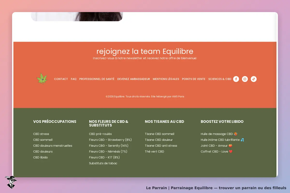 Equilibre : section inférieure avec liens vers produits et informations sur le CBD