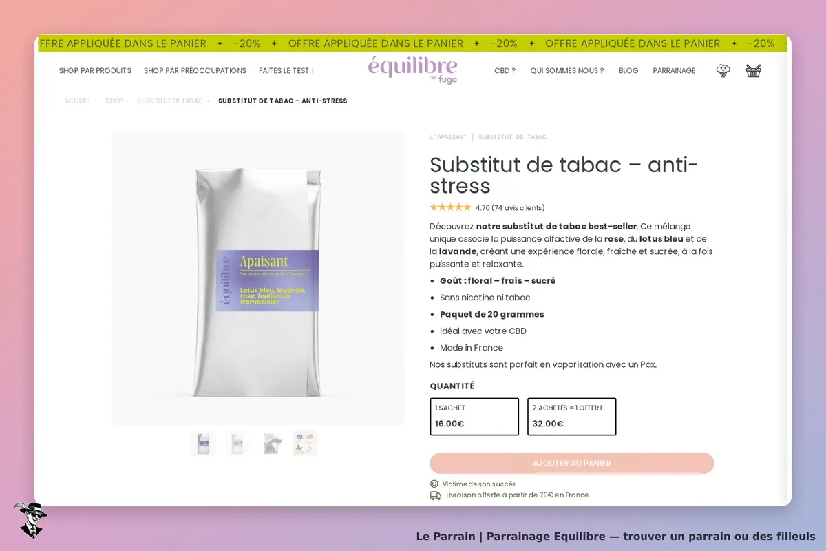 Equilibre : équilibre : page produit présentant un substitut de tabac anti-stress avec un sachet et