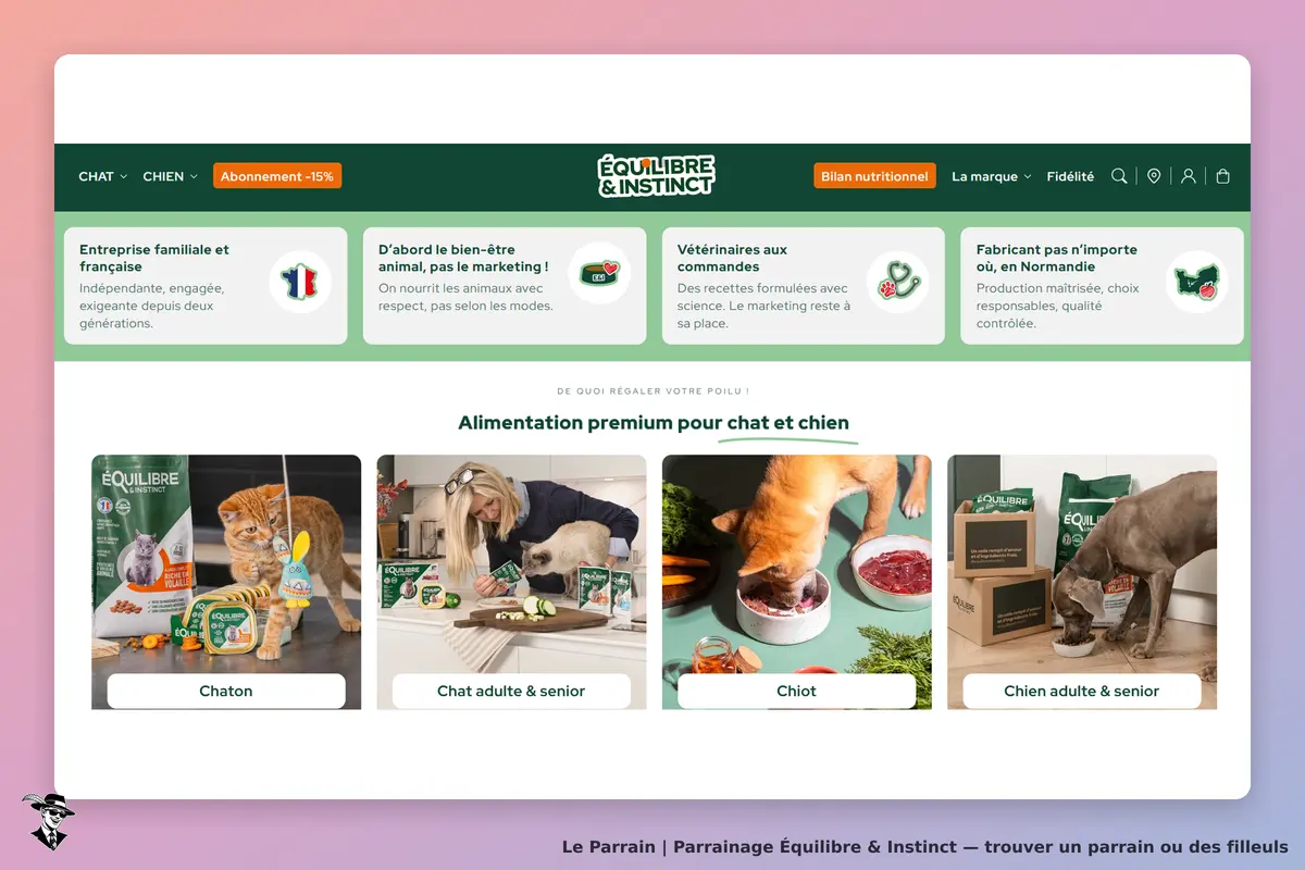 Équilibre & Instinct : page d'accueil présentant des aliments pour chats et chiens avec images