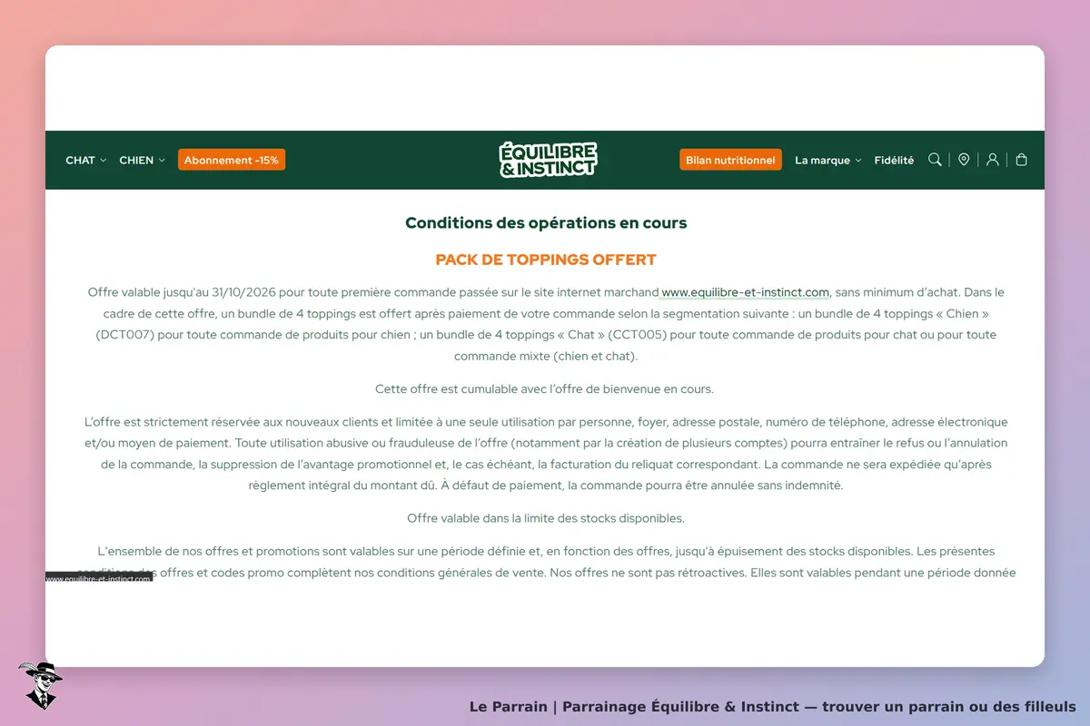 Équilibre & Instinct : conditions des opérations en cours avec pack de toppings offert