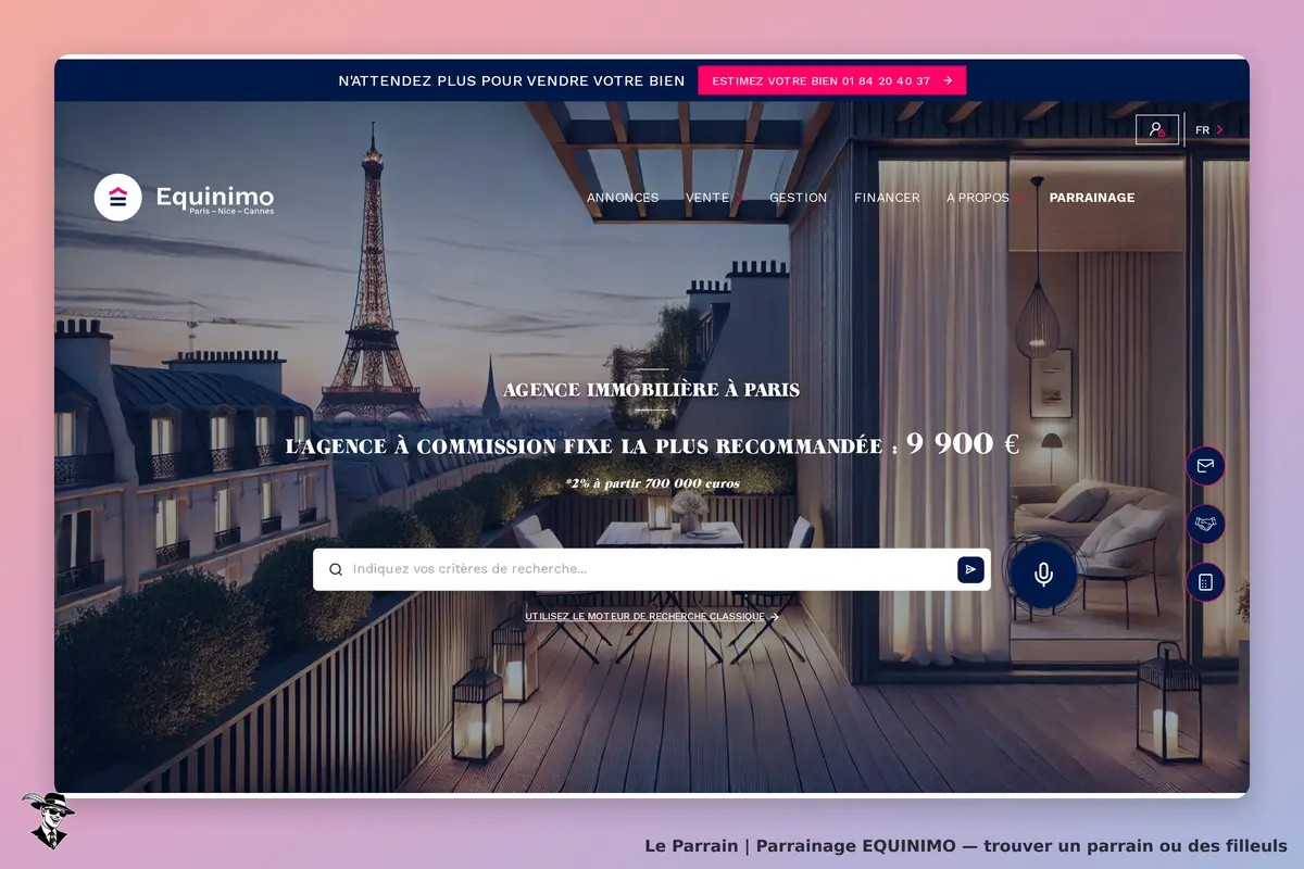 EQUINIMO : page d'accueil avec vue sur Paris et formulaire de recherche en évidence