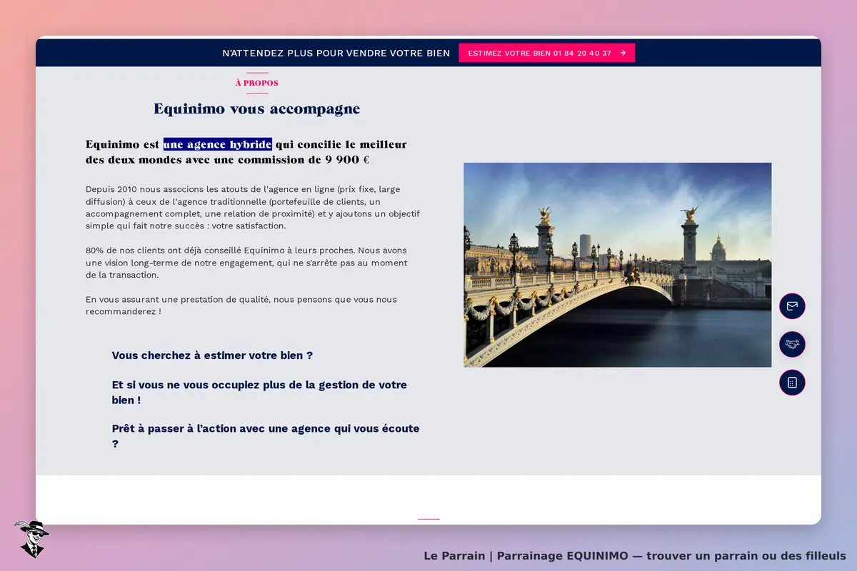 EQUINIMO : page d'accueil présentant des services d'agence immobilière avec une image de pont