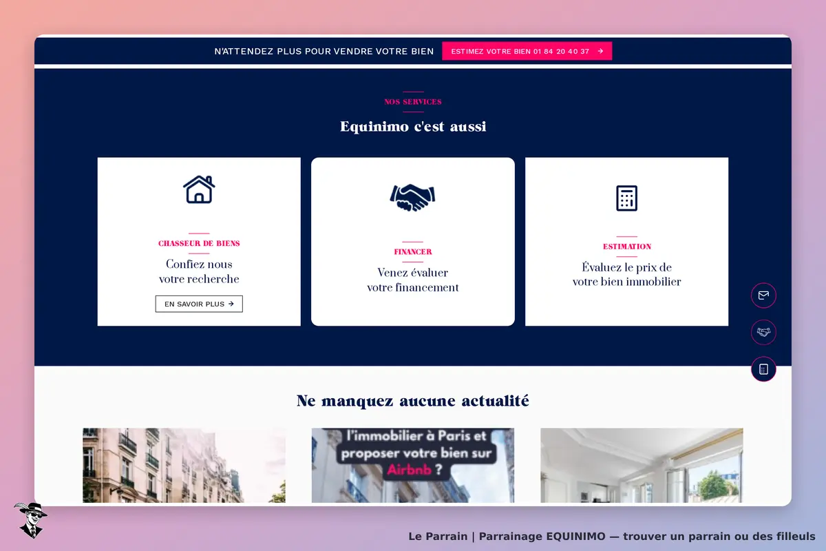 EQUINIMO : page d'accueil avec services, formulaire et images de biens immobiliers