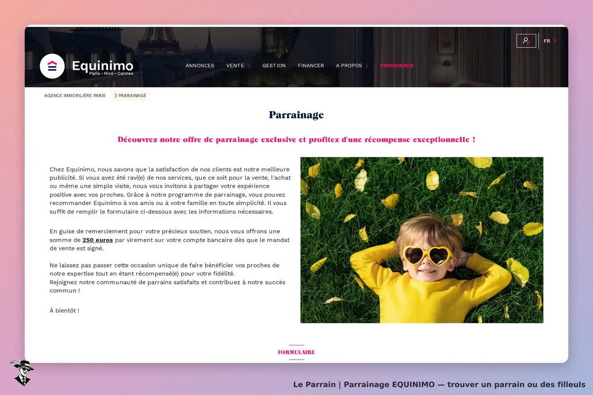 EQUINIMO : page de parrainage avec un enfant souriant sur l'herbe et des feuilles jaunes