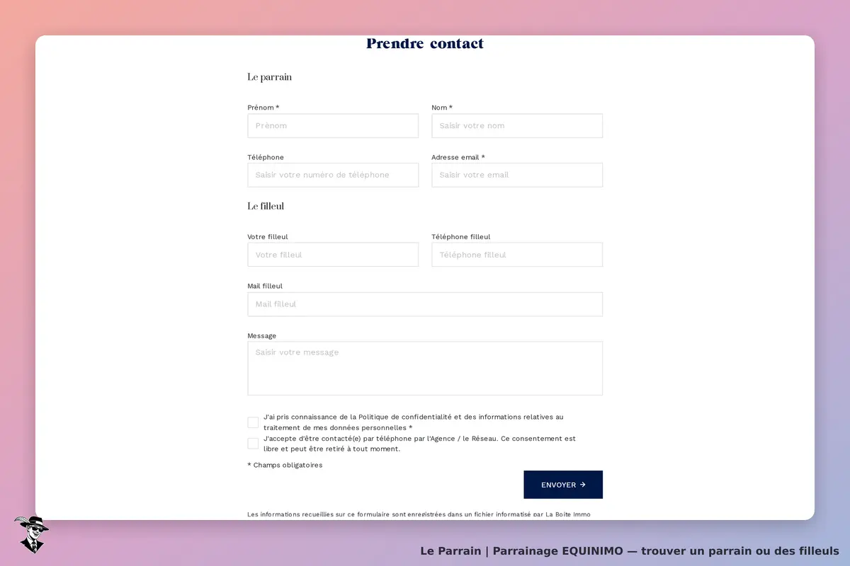 EQUINIMO : formulaire de contact pour parrains et filleuls avec champs à remplir