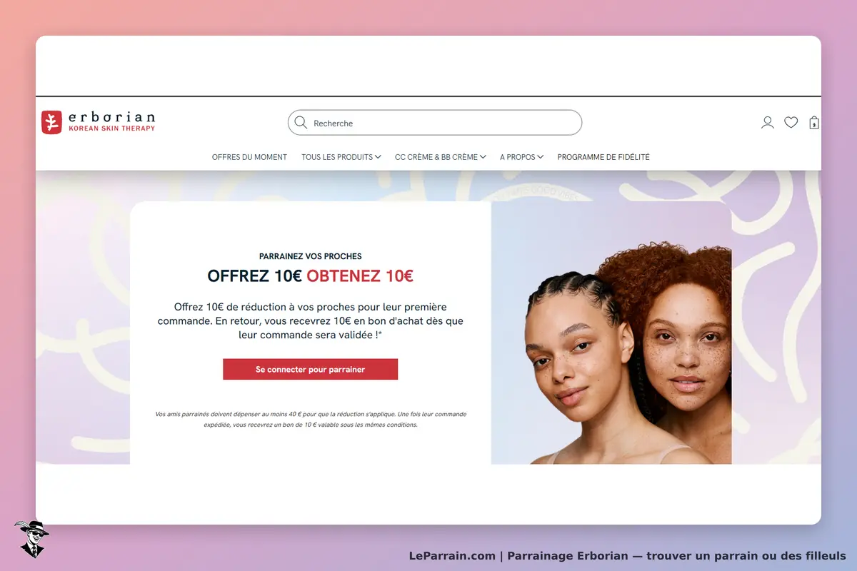 Erborian : page d'accueil avec promotion de parrainage et deux modèles en portrait