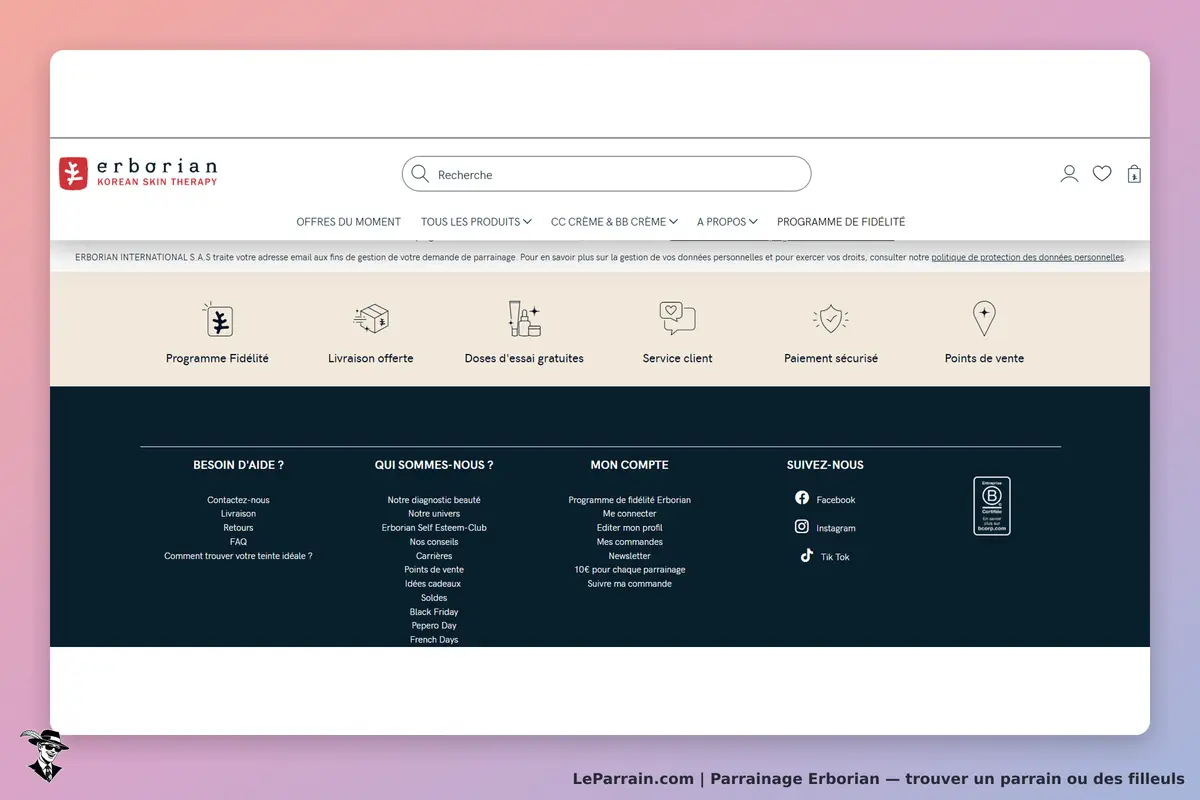 Erborian : page d'accueil avec menu, informations sur les services et liens vers les réseaux