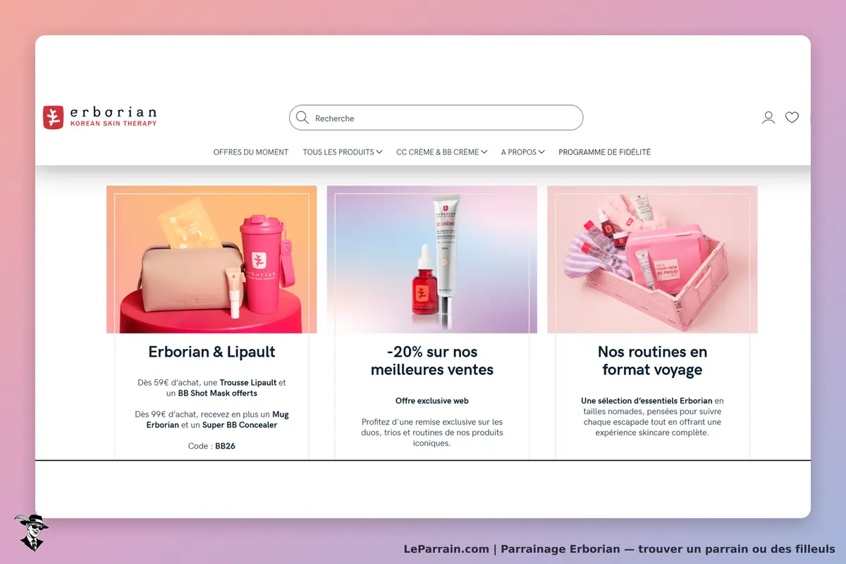 Erborian : page d'accueil avec produits et offres en promotion sur un fond coloré