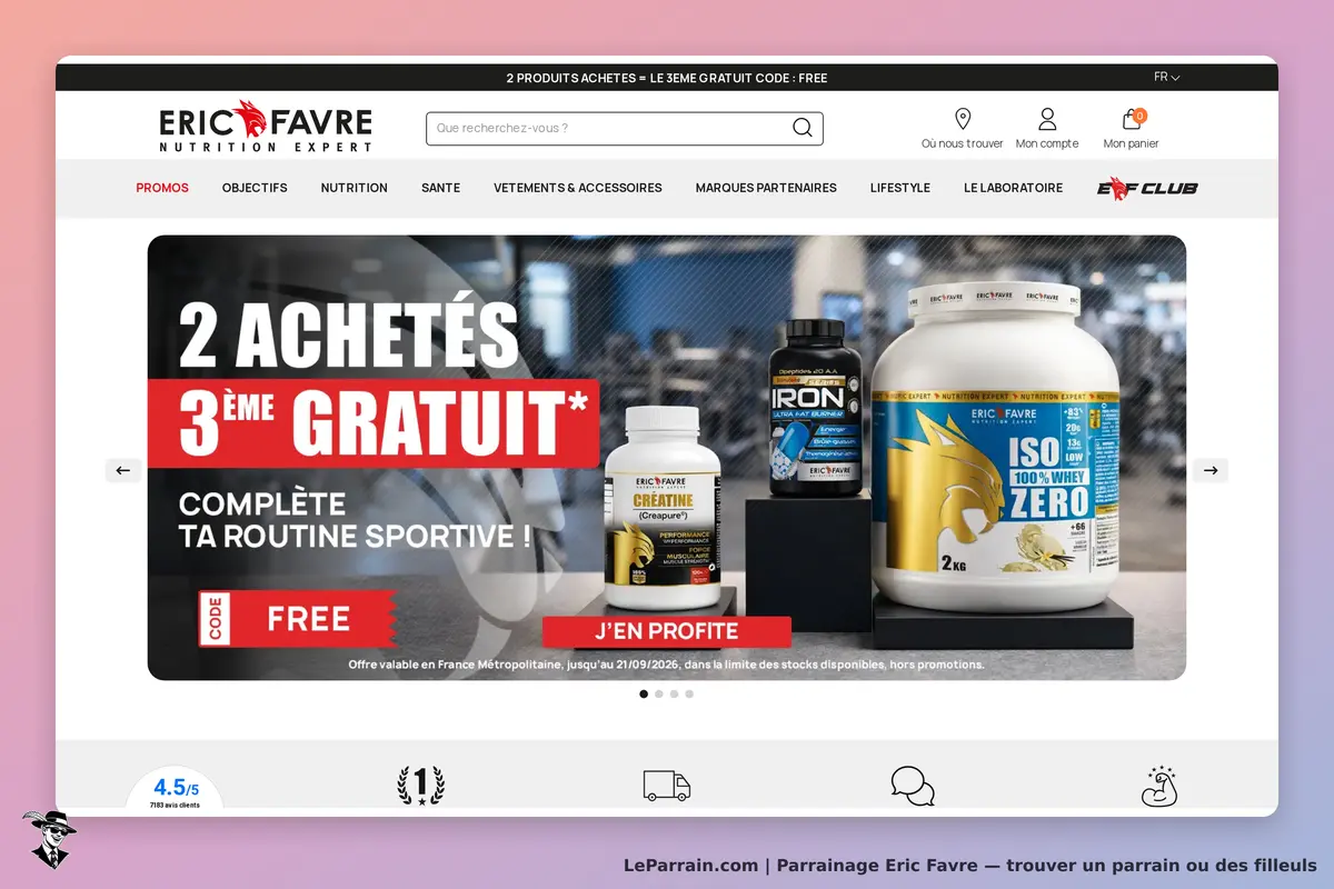 Eric Favre : page d'accueil avec produits de nutrition sportive et promotions affichées