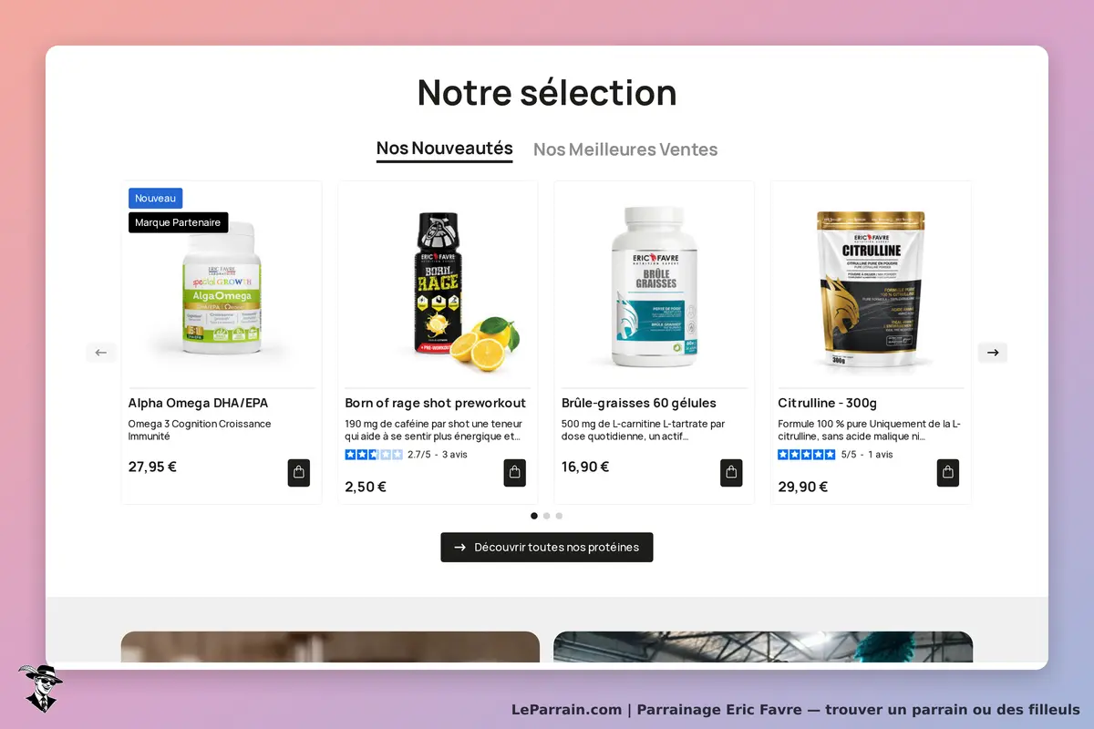 Eric Favre : sélection de produits avec nouveautés et meilleures ventes sur la page d'accueil