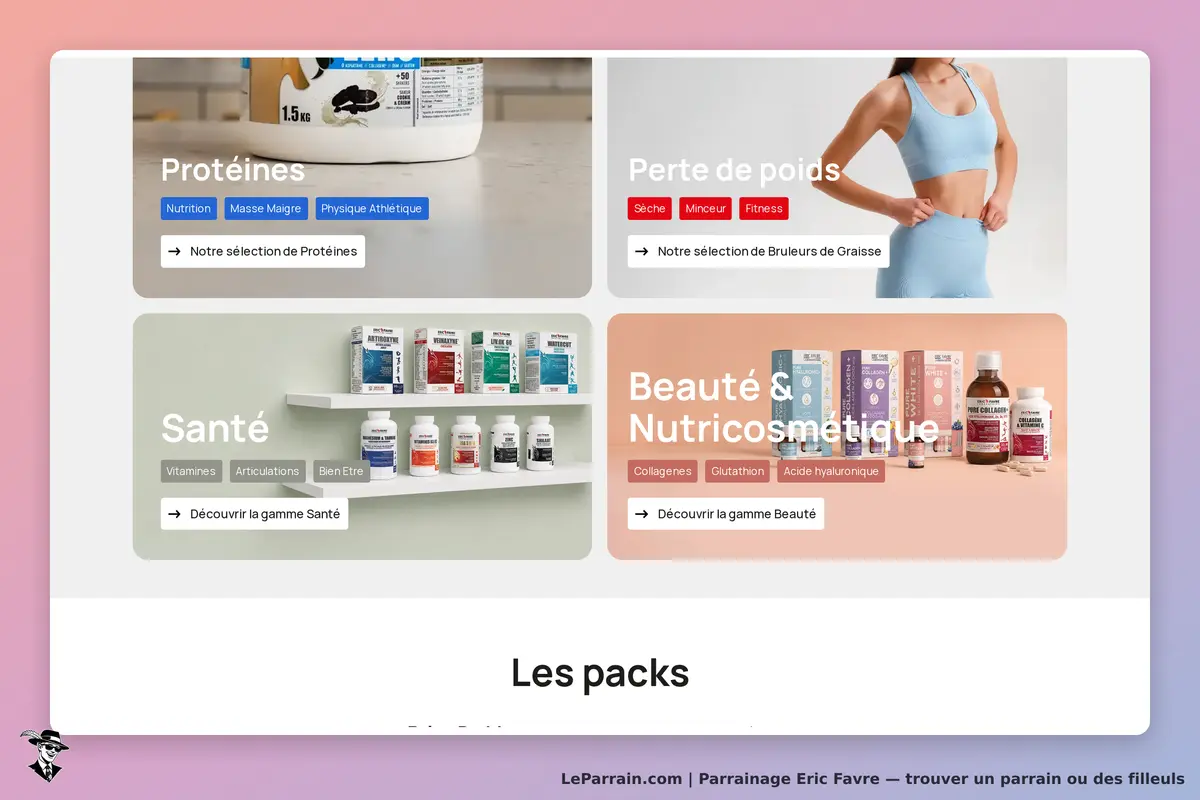 Eric Favre : page d'accueil avec sections sur protéines, santé et beauté, produits affichés
